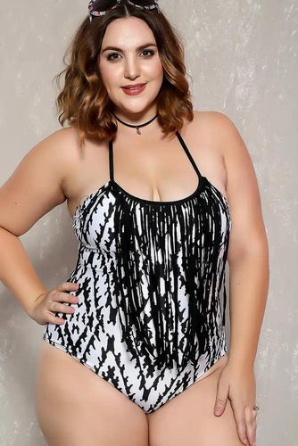 Sexy White Black Fringe Printed Padded Plus Size One Piece - Kandy Kouture - Modalova