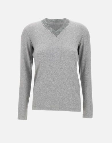 Grau gerippter V-Ausschnitt Pullover mit Pailletten - Fabiana Filippi - Modalova