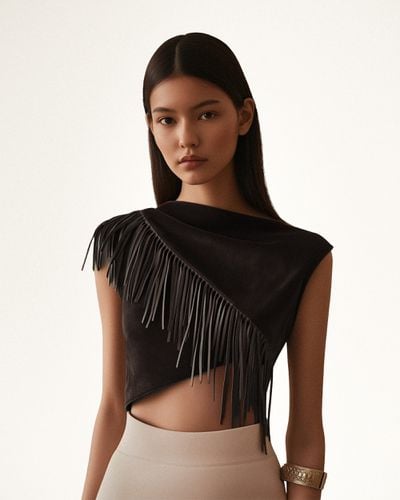 Ariana Asymmetric Fringe Sueded Top - Black - JW PEI - Modalova