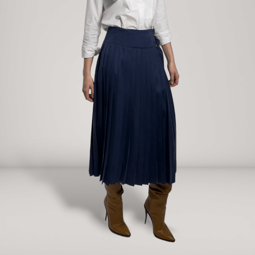 Pleated Vegan Silk Adjustable Wrap Midi Skirt | Navy - ALLTRUEIST By Maryna - Modalova