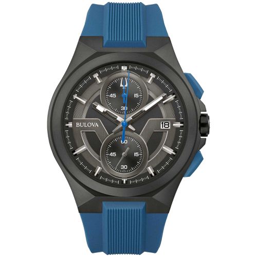 Men's Chronograph Watch - Maquina Dark Grey and Black Dial Blue Strap / 98B380 - Bulova - Modalova