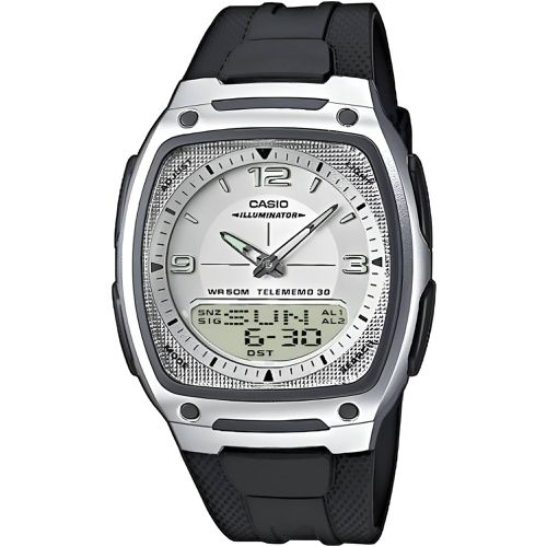 Men's Ana-Digi Watch - World Time Grey and Silver Dial Resin Strap / AW-81-7 - Casio - Modalova