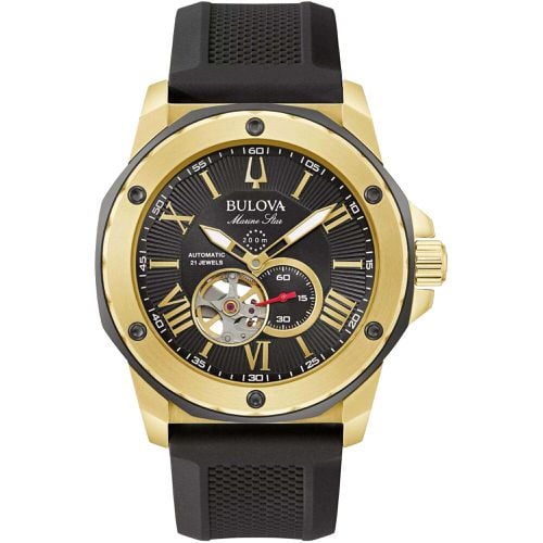 Men's Watch - Marine Star Automatic Black Dial Yellow Gold Case / 98A272 - Bulova - Modalova
