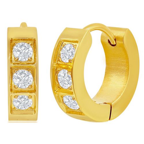 Women's Earrings - Gold Plated Stainless Steel 13mm Huggie Hoop CZ / SA-6075 - Blackjack - Modalova
