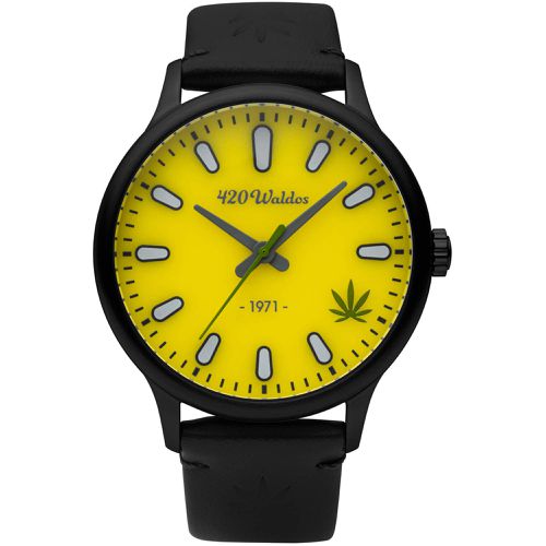 Men's Watch - Bud Quartz Yellow Dial Black Genuine Leather Strap / W1011 - 420Waldos - Modalova