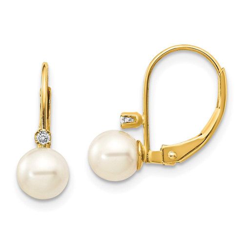 K 5-6mm White Round FW Cultured Pearl AA Diamond Leverback Earrings - Jewelry - Modalova