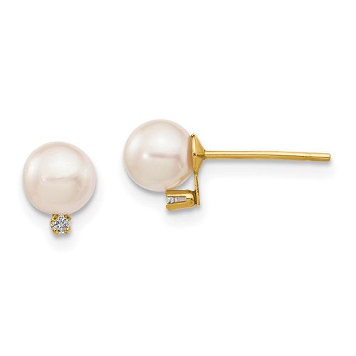 K 5-6mm White Round Saltwater Akoya Cultured Pearl Diamond Post Earrings - Jewelry - Modalova