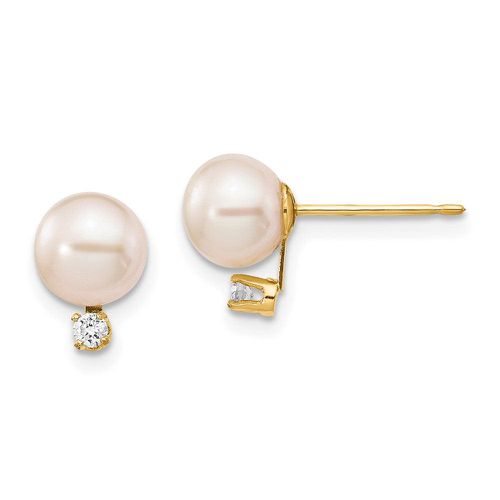 K 6-7mm White Round Freshwater Cultured Pearl .06ct Diamond Post Earrings - Jewelry - Modalova