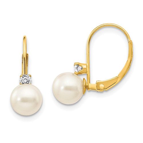 K 6-7mm White Round FW Cultured Pearl AA Diamond Leverback Earrings - Jewelry - Modalova