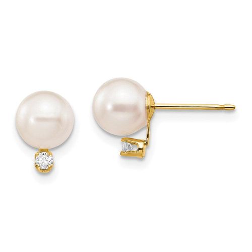 K 6-7mm White Round Saltwater Akoya Cultured Pearl Diamond Post Earrings - Jewelry - Modalova