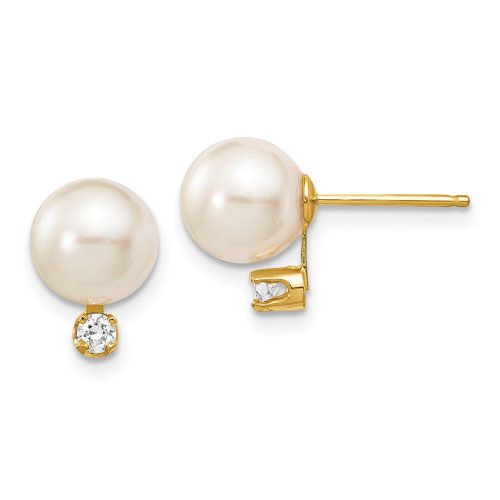 K 7-8mm White Round Saltwater Akoya Cultured Pearl Diamond Post Earrings - Jewelry - Modalova