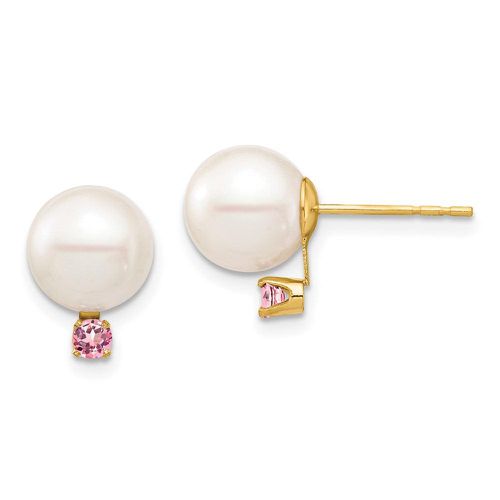 K 8-8.5mm White Round Freshwater Cultured Pearl Pink Topaz Post Earrings - Jewelry - Modalova