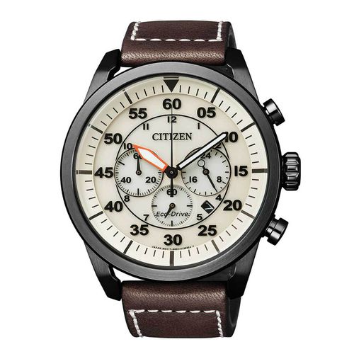 Men's Chronograph Watch - Eco-Drive Beige Dial Leather Strap / CA4215-04W - Citizen - Modalova