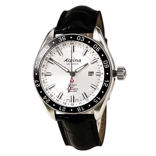AL-550S5AQ6 Men's Alpiner 4 GMT Silver Dial Black Leather Strap Automatic Watch - Alpina - Modalova