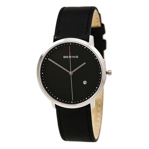 Men's Classic Black Dial Black Leather Strap Date Watch - Bering - Modalova