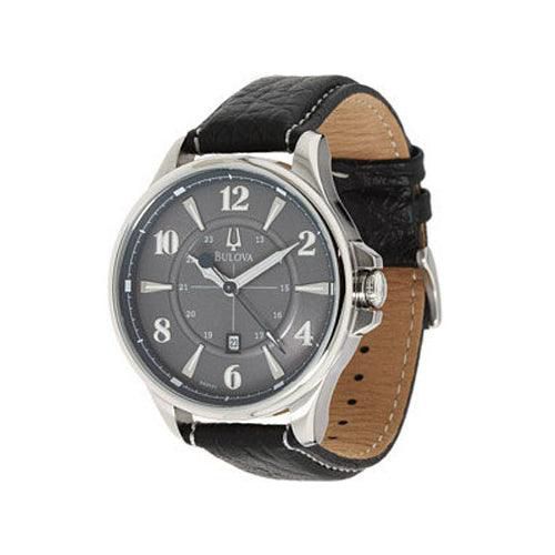 B151 Men's Gray Dial Black Leather Strap Quartz Watch - Bulova - Modalova