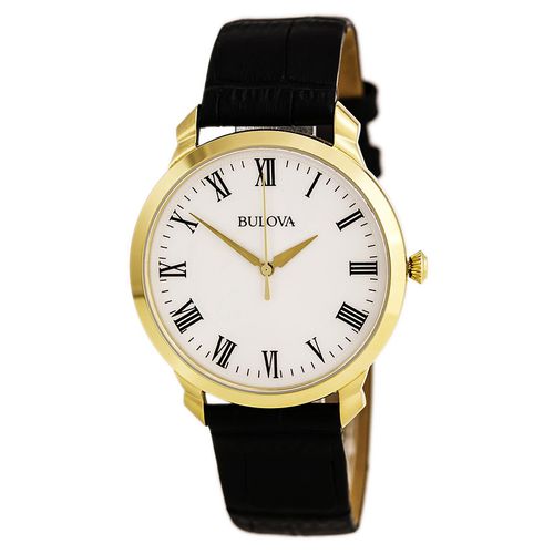 A123 Men's Classic White Dial Yellow Gold Steel Black Leather Strap Watch - Bulova - Modalova