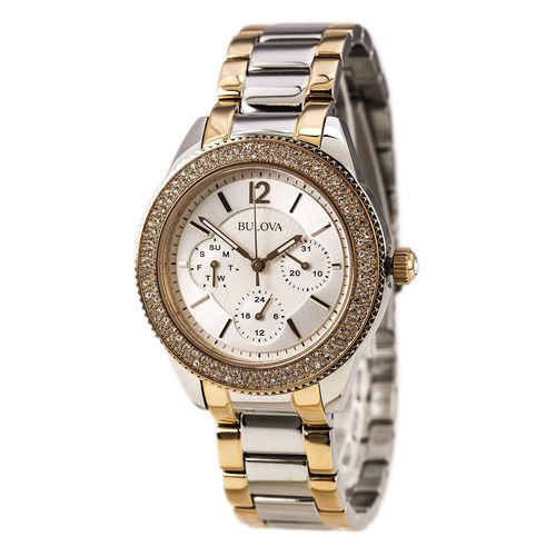 N100 Women's Crystal Accented Bezel Silver Dial Two Tone Rose Gold Steel Watch - Bulova - Modalova
