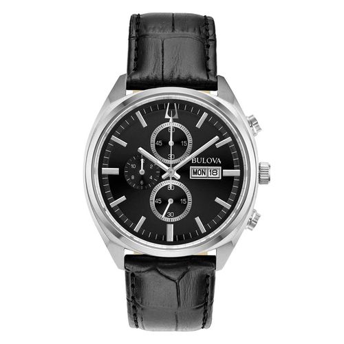 Men's Chronograph Watch - Classic Black Dial Black Leather Strap / 96C133 - Bulova - Modalova