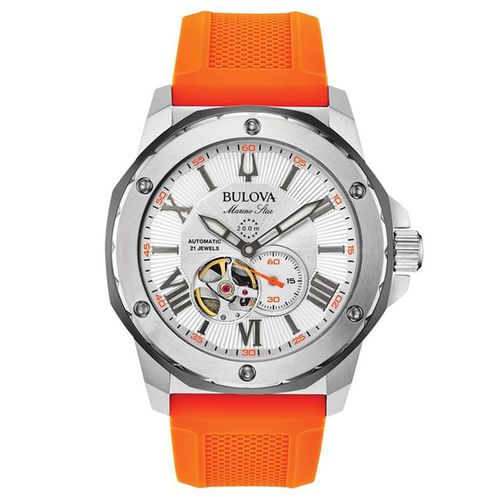 Men's Automatic Watch - Marine Star Orange & Grey Silicone Rubber Strap / 98A226 - Bulova - Modalova