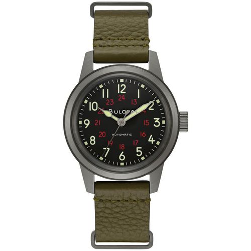 Men's Automatic Watch - Hack Black Dial Green Leather Strap / 98A255 - Bulova - Modalova