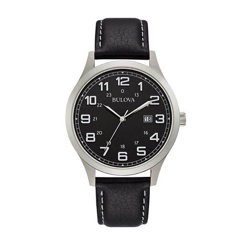 Men's Strap Watch - Dress Black Dial Black Leather Quartz / 96B276 - Bulova - Modalova