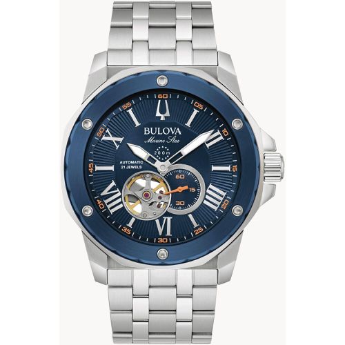 Men's Watch - Marine Star Open Heart Silver and Blue Dial Bracelet / 98A302 - Bulova - Modalova