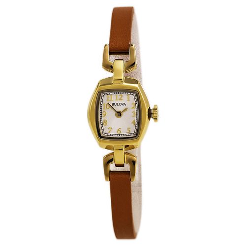 Women's Dress Leather Strap Watch - Yellow Gold Steel Silver Dial / 97L153 - Bulova - Modalova
