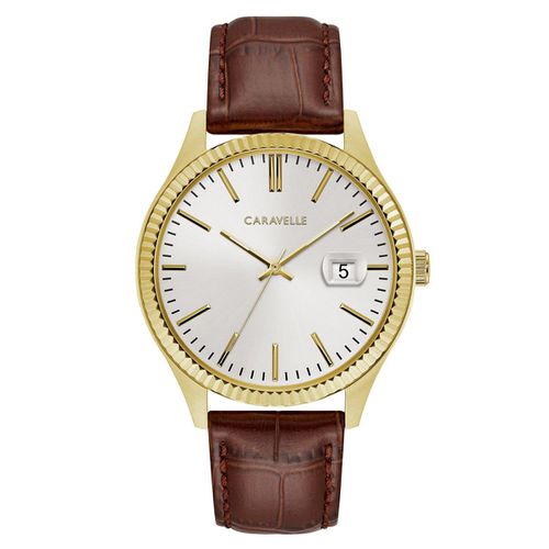 B115 Men's Silver Dial Yellow Gold Steel Brown Leather Strap Watch - Caravelle - Modalova