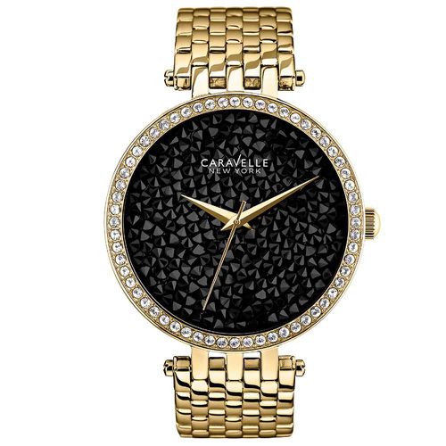 L121 Womens Crystal New York Black Fabric Dial Gold Tone Steel Watch - Caravelle - Modalova