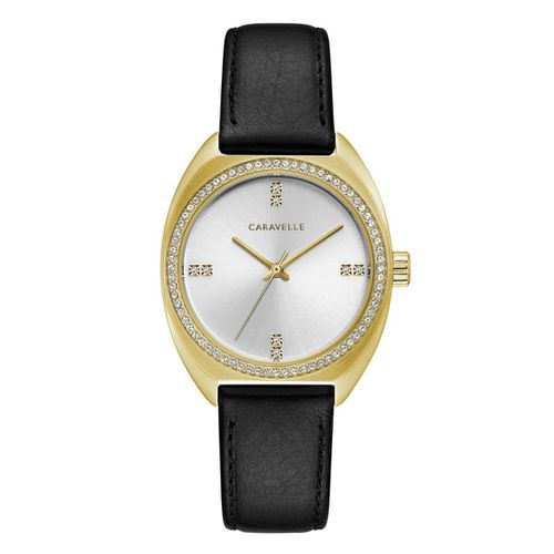 Women's Crystal Watch - Dress Silver Dial Black Leather Strap / 44L249 - Caravelle - Modalova