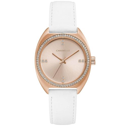 Women's Strap Watch - Quartz Rose Gold Tone Dial White Leather / 44L251 - Caravelle - Modalova