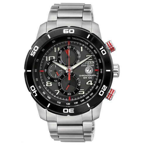 CA0468-51E Men's Primo Eco-Drive Black Dial Steel Bracelet Chronograph Watch - Citizen - Modalova