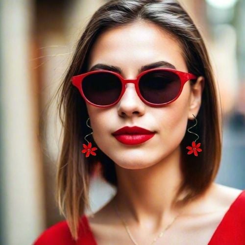 Black Silver Spiral Red Flower Earrings - Stavros - Modalova