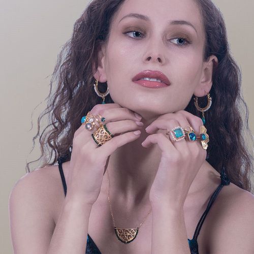 Gold Ring With Aqua Calchedony & Pearls - Tonia Makri - Modalova