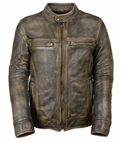 Cafe Racer Genuine Distressed Triple Stitch Leather Jacket - Feather skin - Modalova