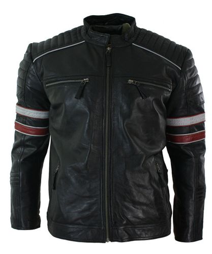 Cafe Racer Black Leather Jacket with Red and White Stripes - Feather skin - Modalova
