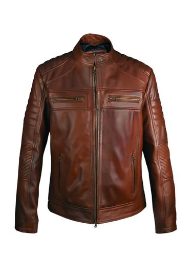Cafe Racer Leather Jacket- Brown S - Feather skin - Modalova