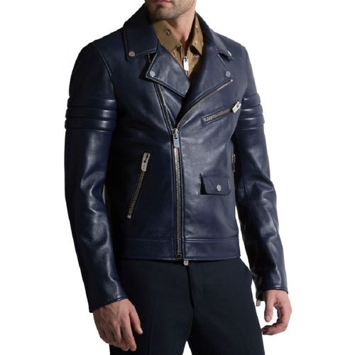 Men's Biker Style Motorbike Genuine Leather Jacket Navy Blue BK051 - Feather skin - Modalova