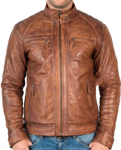Cafe Racer Quilted Genuine Leather Jacket Brown - Feather skin - Modalova