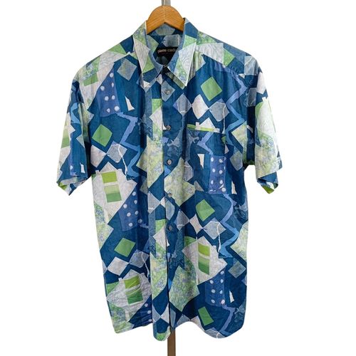 Chemise vintage imprimé graphique bleu vert manches courtes Taille 50 A1382 - Pierre Cardin - Modalova