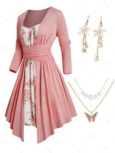 Dresslily Valentine's Day Crossover Tie Knot Twofer Dress And Colored Butterfly Layered Necklace 3D Flower Rhinestone Drop Earrings Outfit S / us 4 Li - DressLily.com - Modalova