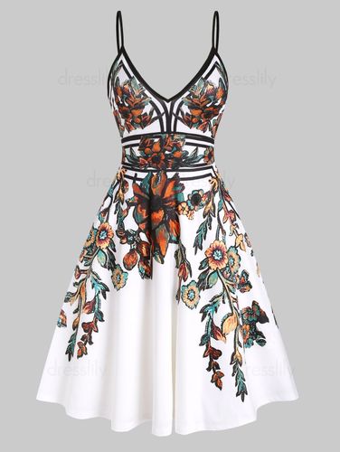 Women Summer Vacation Sundress Floral Leaf Printed Garden Party Dress Flare A Line Slip Mini Dress Clothing 2xl - DressLily.com - Modalova