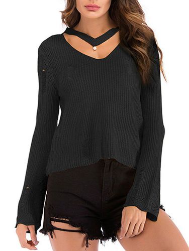 Women Beading Choker Ripped Bell Sleeve Sweater Clothing Xl - DressLily.com - Modalova