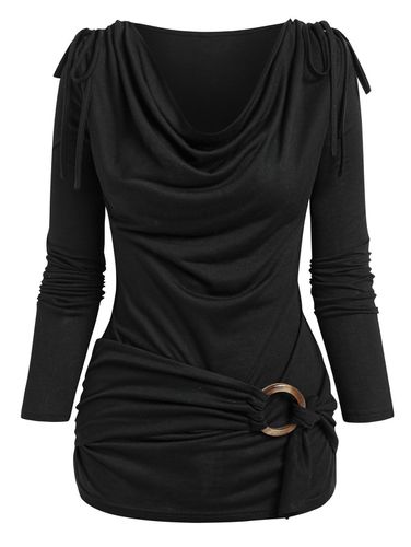 Dresslily Women Plain Cinched Cowl Neck Draped Long Sleeves O Ring T Shirt Clothing Xxl - DressLily.com - Modalova