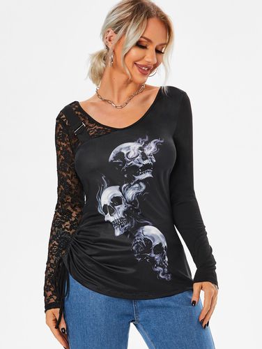 Dresslily Women Tops Skull Print Lace Insert Cinched T Shirt Clothing Online Xl - DressLily.com - Modalova