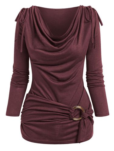 Dresslily Women Plain Cinched Cowl Neck Draped Long Sleeves O Ring T Shirt Clothing Xxxl - DressLily.com - Modalova