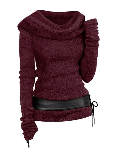 Women Hooded Cowl Front Belted Lace Up Sweater Clothing S - DressLily.com - Modalova