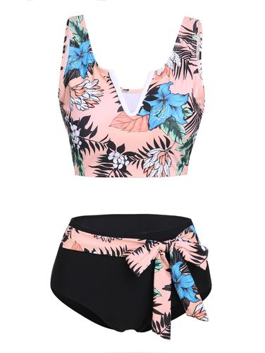 Dresslily Women Tropical Beach Swimsuit Cut Out Leaf Floral Print Self Belted Padded Tankini Swimwear Swimsuit Xxxl - DressLily.com - Modalova