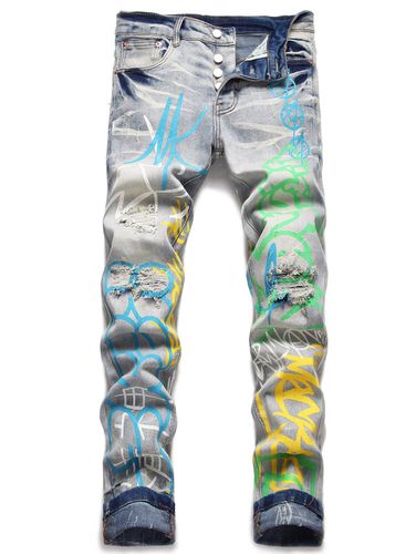Men Jean Trendy Jeans Colored Printed Button Fly Jeans Pockets Ripped Denim Pants Clothing Online 38 - DressLily.com - Modalova